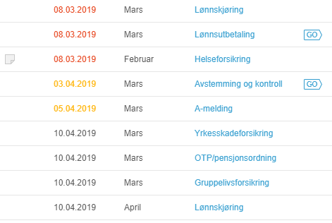 Mars 2019 arbeidskalender: Lønnsgjering → utbetaling, Helseforsikring, A-melding, Yrkeskadeforskring, OTP, Gruppelliforsikring