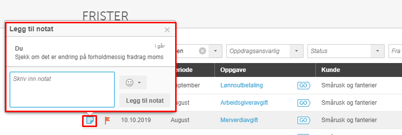 Dialogboks Legg til notat med tekstfelt og Legg til notat-knapp, fristliste synlig i bakgrunnen