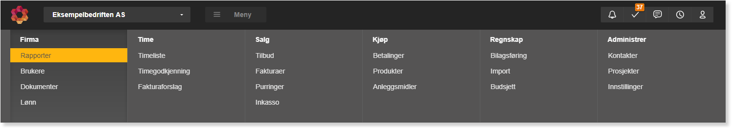 Navigasjonsmeny med seks kolonner: Firma (Rapporter valgt), Time, Salg, Kjøp, Regnskap, Administrer