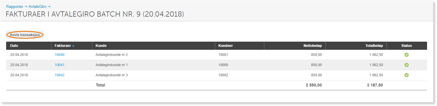 Fakturarapport AvtaleGiro batch 9: tre fakturaer à 1 062,50 kr med totalsum 3 187,50 kr, alle godkjent