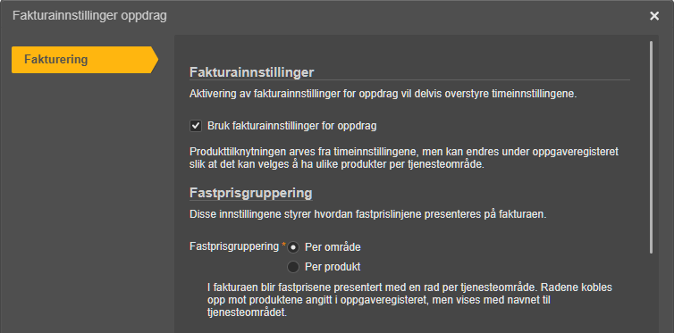 Fakturainnstillinger oppdrag → Fakturering: Bruk fakturainntillinger avmerket, Fastprisgrupperingen Per område valgt