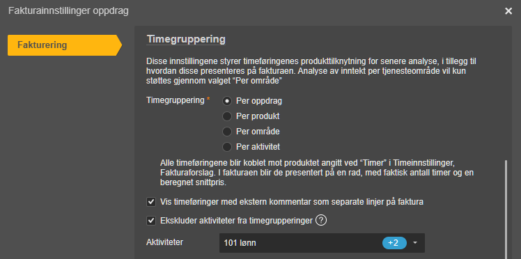 Fakturainnstillinger: Tidsgruppering med Per oppdrag valgt, aktiviteter 101 lønn