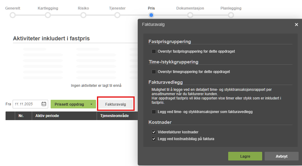 Fakturavalg-dialogboks: Fastpris-, Time-/stykkgrupering, vedlegg. Kostnader: Viderefakturering og bilag avkrysset.