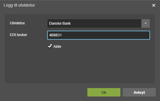 Legg til utvidelse: Danske Bank, EDI bruker 4B8831, Aktiv avkrysset