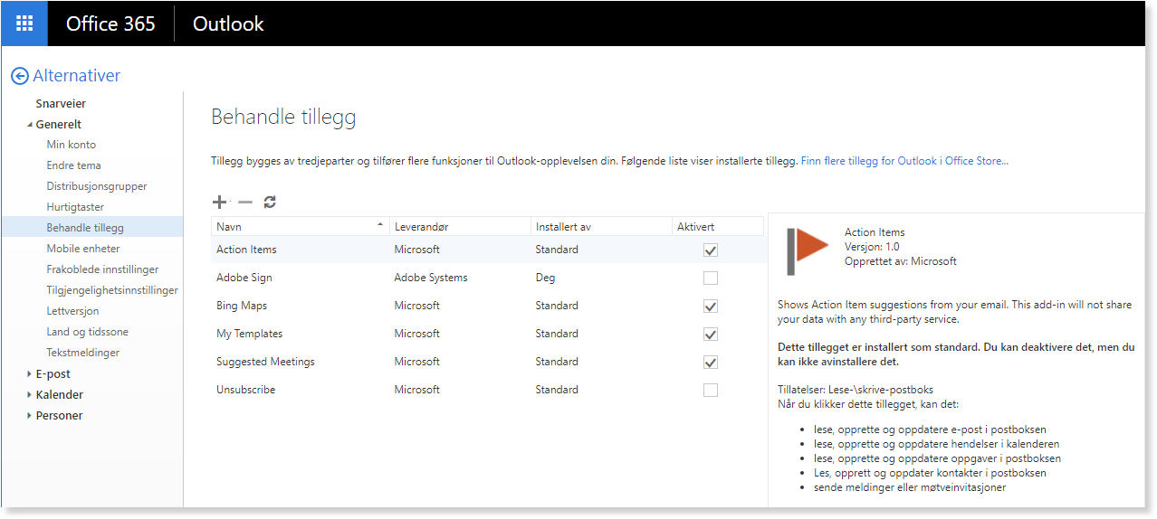 Outlook-tillegg: tabell med navn, leverandør, installasjonsstatus og aktivering. Action Items-detaljer i høyre panel.
