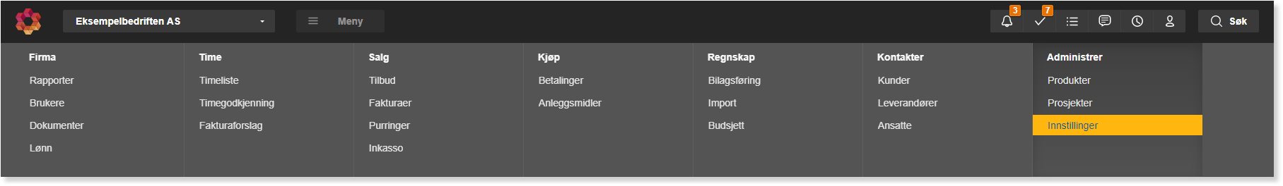 Navigasjonsmeny Firma, Time, Salg, Kjøp, Regnskap, Kontakter, Administrer med Innstillinger markert