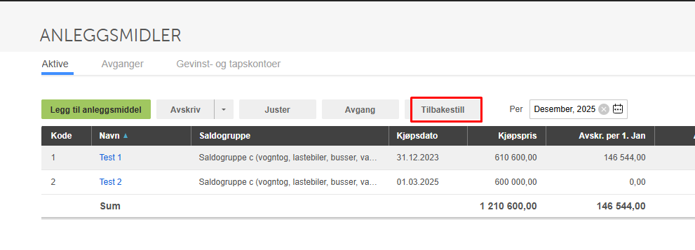 Anleggsmidler-liste med Test 1 (610 600 kr) og Test 2 (600 000 kr), Tilbakestill-knappen markert