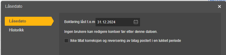 Låsedato-dialogboks: Bokføring låst t.o.m. 31.12.2024 med sjekkalternativ for å blokkere korreksjoner i låst periode