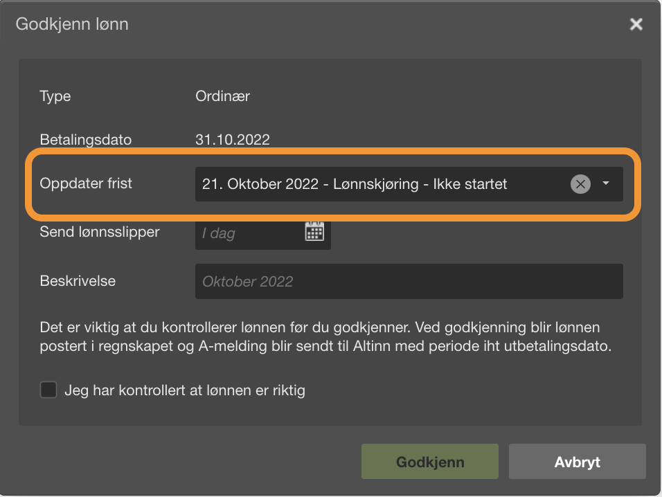 Dialogboks Godkjenn lønn: Betaling 31.10.2022, frist 21. Oktober lønnsskjøring, avmerkingsboks lønnkontroll