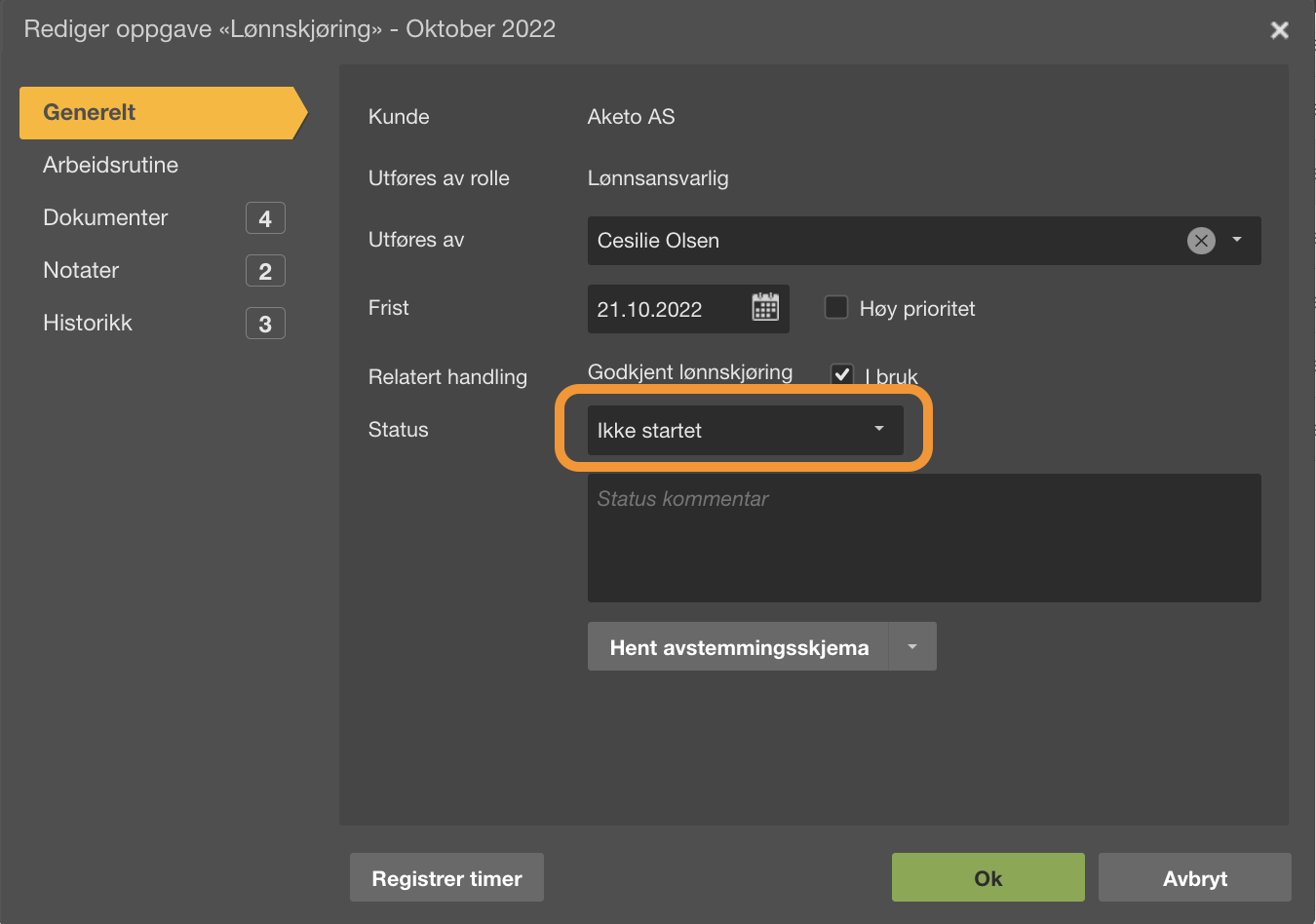 Dialogboks Rediger oppgave Lønnskjøring Oktober 2022, Status-dropdown markert «Ikke startet»