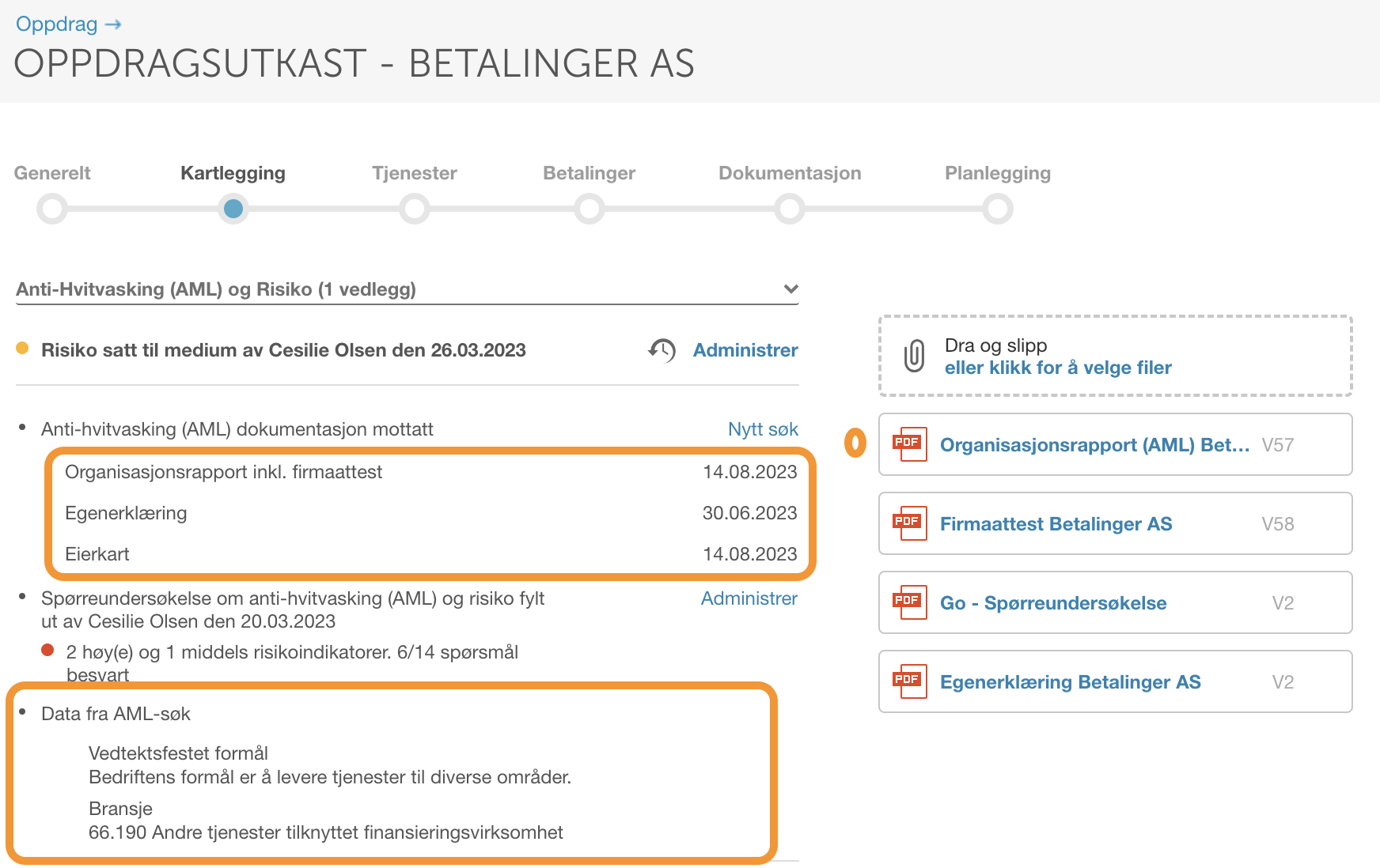 Oppdragsutkaststeg Kartlegging: AML-risikovurdering medium med dokumentasjonsliste og PDF-vedlegg