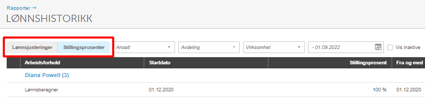 Lønnshistorikk-rapport: fanene Lønnsjusteringer og Stillingsprosenter med Diana Powell-lønnsbegrepet 100 % fra 01.12.2020