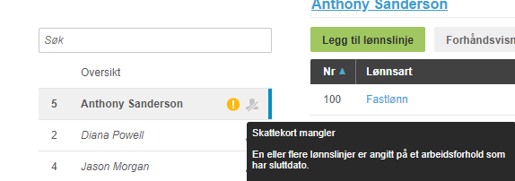 Anthony Sanderson valgt i kontaktliste, feilmelding: Skattekort mangler på arbeidsforhold