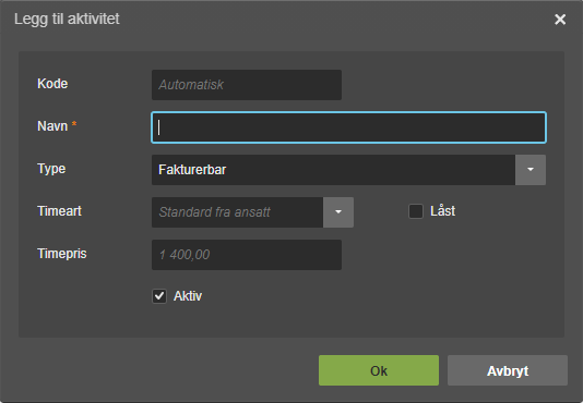 Dialogboks Legg til aktivitet med Navn-felt, Type-dropdown (Faktuerebar), Timepris 1 400,00 og Aktiv avmerket