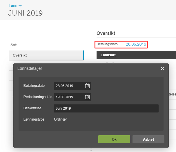 Dialogboks Lønndetaljer: betalingsdato 28.06.2019, periodiseringsdato 19.06.2019, Juni 2019, lønningstype Ordinær