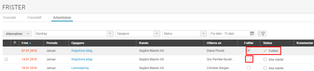 Arbeidsliste med tre oppgaver for Søgård Maskin AS, første med Fullført-status, andre og tredje med Ikke startet