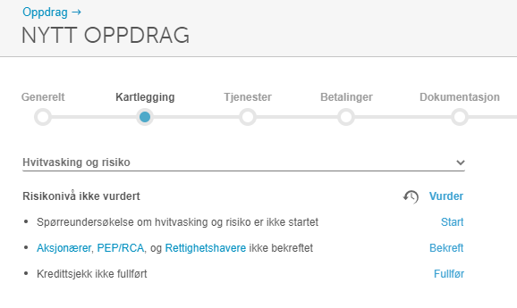 «Nytt oppdrag» Kartlegging-fanen: Hitvtasking og risko med tre kontrollpunkter og handlingsknapper