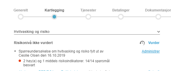 Kartlegging-steg aktivt i progresjonslinje. Hvitvask og risiko → Risikonivå ikke vurdert med Vurder- og Administrer-lenker