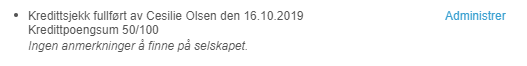Kredittskjekk fullført av Cecilie Olsen 16.10.2019 for Kredittkode 50/100 — ingen anmerkninger