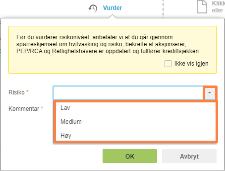 Risikoclassifisering-dialogboks: Risiko-meny med Lav, Medium, Høy; Kommentar-felt; OK/Avbryt