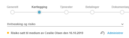 Kartlegging → Hvitvasking og risiko. Medium risiko, 16.10.2019, Cesilie Olsen. Administrer-lenke.