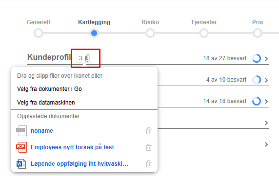 Kundeprofil Kartlegging-fane: tre oppgaver for dokumentopplasting med progresjonsstatus og tre opplastede dokumenter