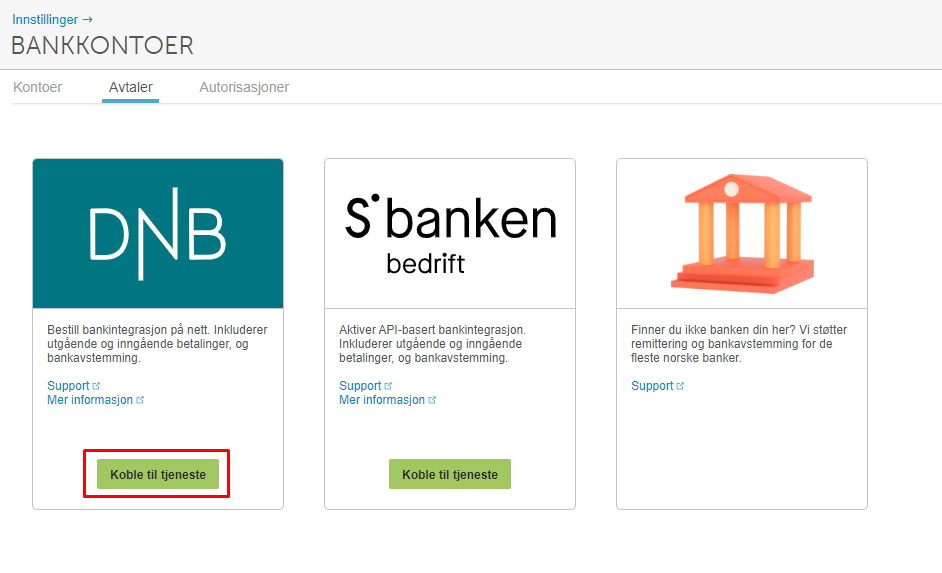 Bankkontoer: DNB, Sbanken bedrift og andre norske banker. DNB og Sbanken har grønn Koble til tjeneste-knapp.