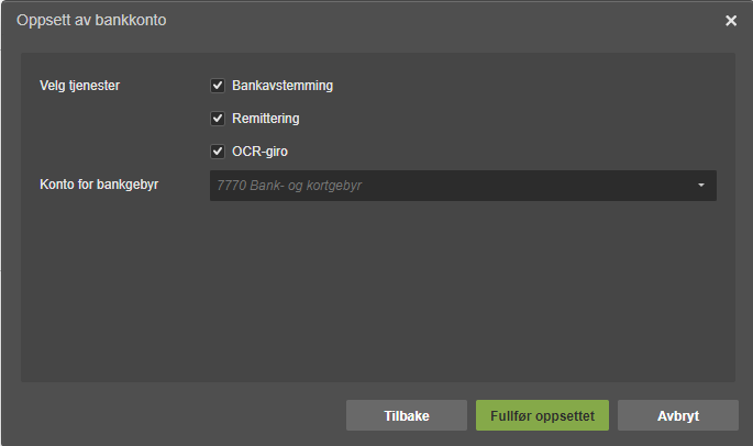 Dialogboks Opprett bankkonto: Bankavstemming, Remittering og OCR-giro valgt; konto 7770 Bank- og girogebyr.