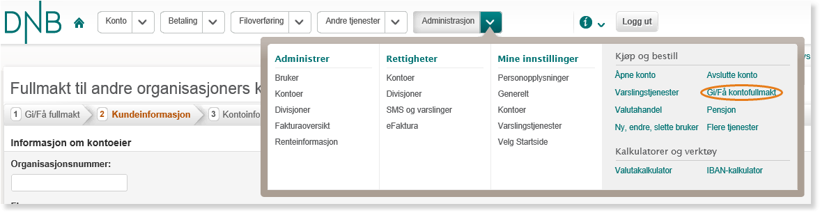 Administrasjon-meny: Administrer (Bruker, Kontorer, Divisjoner) → Rettigheter → Mine innstillinger