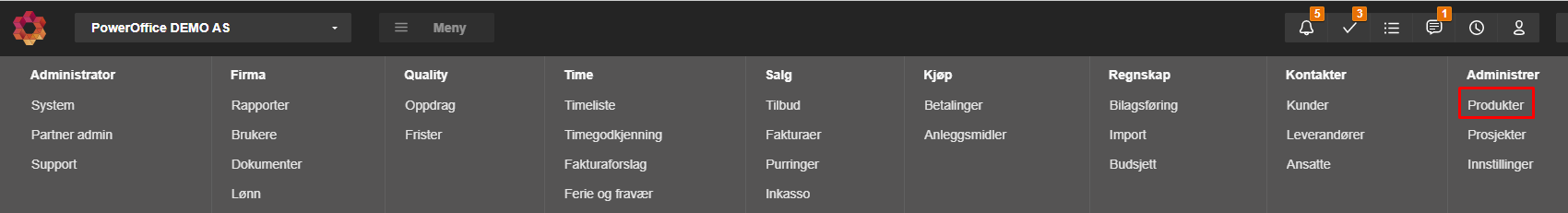 Admin-meny PowerOffice Go: 9 kategorier med underpunkter, Produkter markert rødt under Administrer