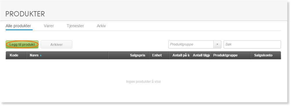 Produkter-liste tom, med Legg til produkt-knapp og tabellkolonner for kode, navn, pris og lager