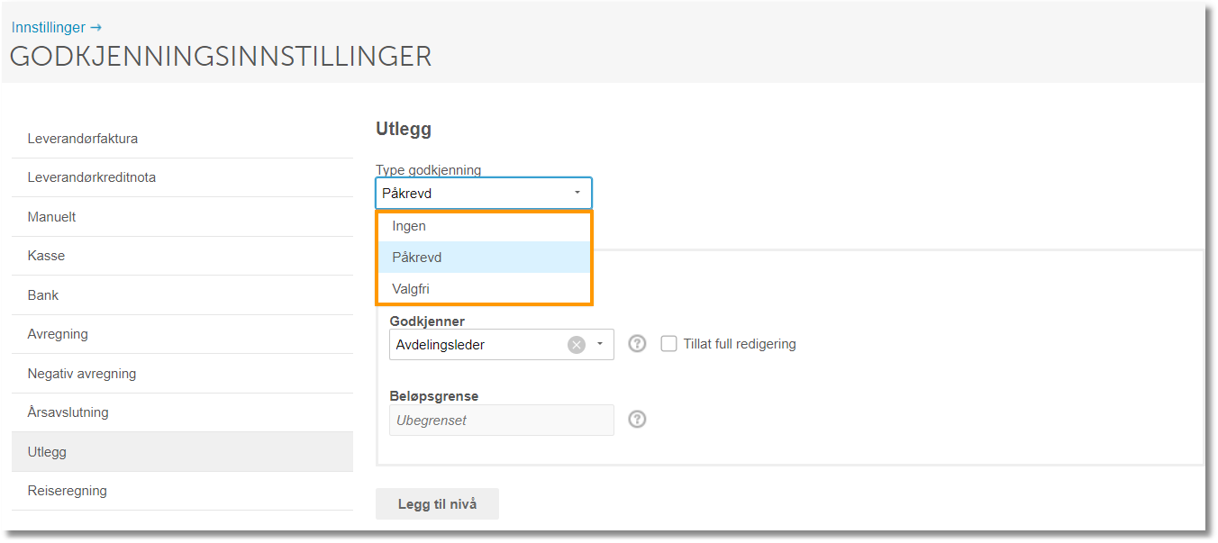Type godkjenning-dropdown: Ingen, Påkrevd, Valgfri. Godkjenner: Avdelingsleder. Belepsgrense: Ubegrenset