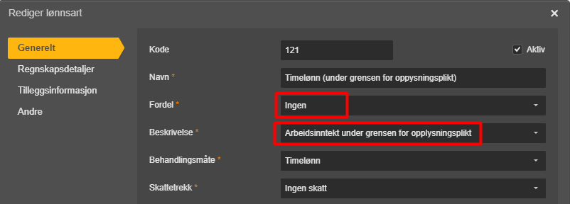 Dialogboks Rediger lønnsart, Generelt-fanen: Kode 121, Beskrivelse-felt med validerings­feil (rød ramme)