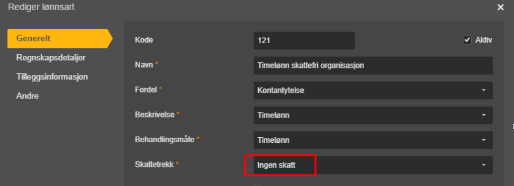Lønnsart-skjema Kode 121, Navn «Timelønn skattefri organisasjon», Skattetrekk satt til «Ingen skatt»