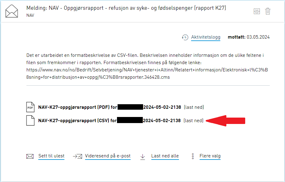 NAV K27-oppgjørsrapport: CSV-fil 2024-05-02 med pil til nedlastningsikon