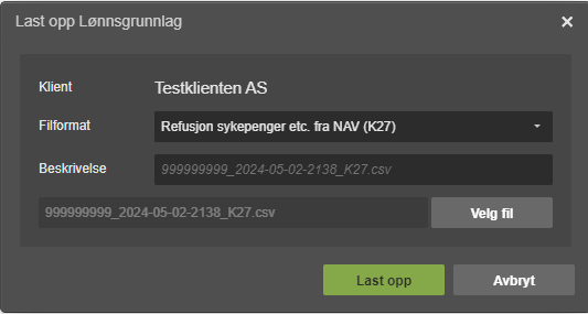 Dialogboks Lennsgrunnlag: Testklienten AS, NAV K27-format, filvalg og Velg fil/Last opp-knapper