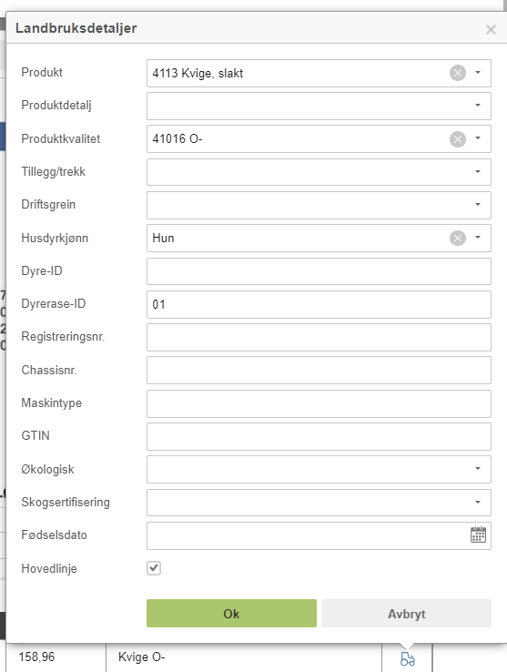 Landbruksdetaljer-dialogboks: Produkt 4113 Kvige slakt, kvalitet 41016 O-, husdyrkjønn Hun, dyrerase-ID 01