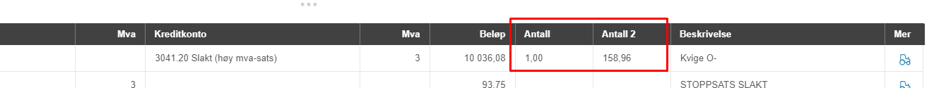 Mva-tabell konto 3041.20 Slakt, sats 3%, beløp 10.036,08, antall 1,00 × 158,96 markert rød
