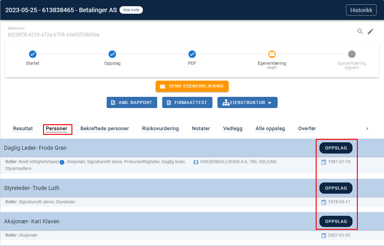 Betalinger 2023-05-25: Startet → Oppslag → PDF → Egenerklæring. Fanen Personer: tre personer med OPPSLAG-knapper og datoer.