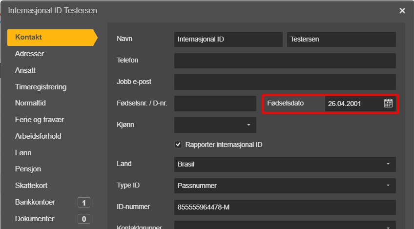 Kontakt-fane: internasjonalt ID-register for Testersen med fødselsdato 26.04.2001 og brasiliansk passnummer