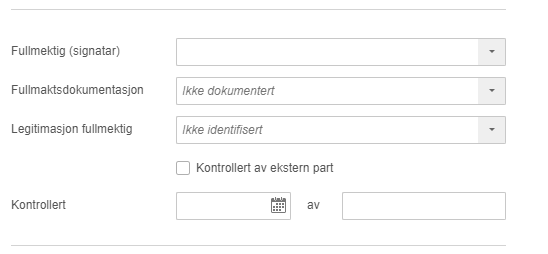 Fullmaktskjema: Signatar, Dokumentasjon, Legitimasjon, Kontrollert av dato og initialer