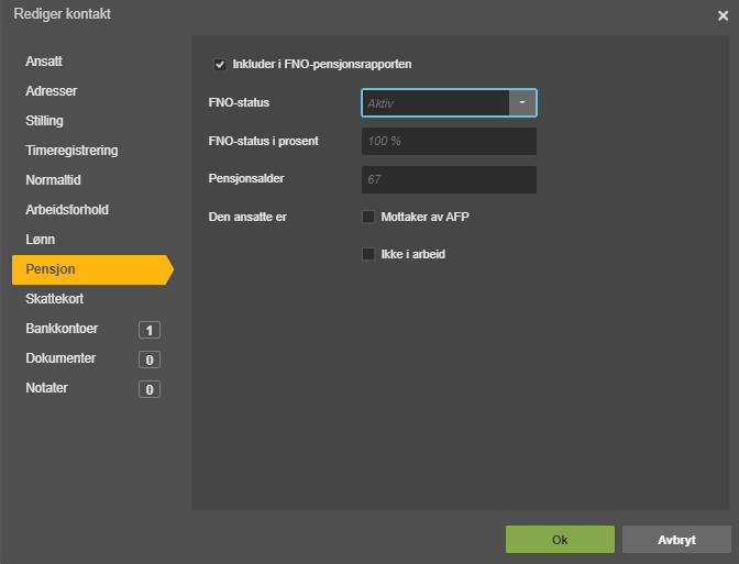 Pensjon-fanen i Rediger kontakt: FNO-status Aktiv, 100 %, pensjonsalder 67