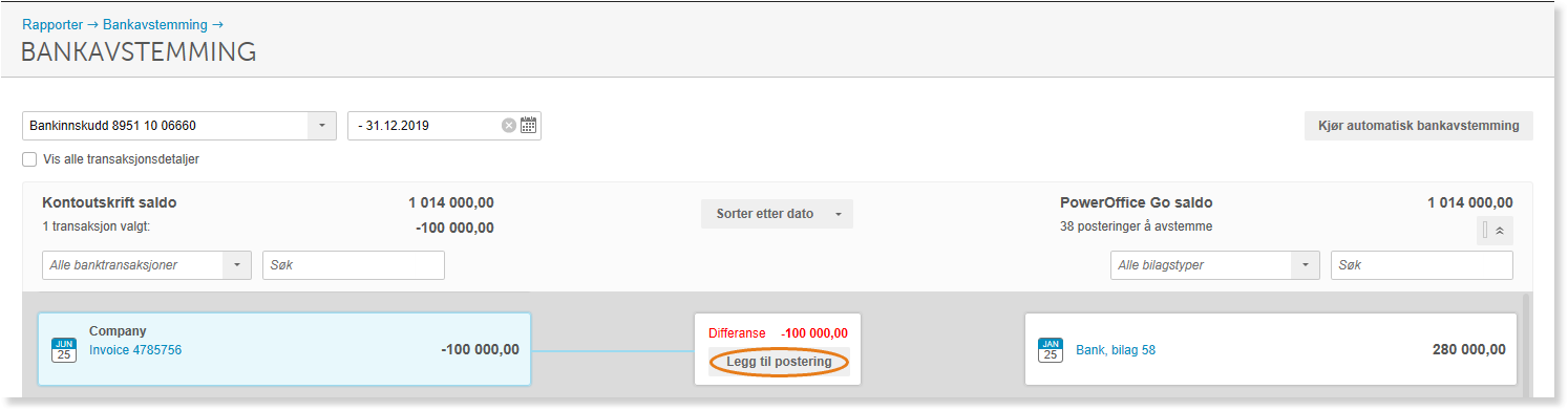 Bankavstemming per 31.12.2019: kontoutskrift 1 014 000 kr, PO Go 1 014 000 kr, differanse -100 000 kr med Legg til postering