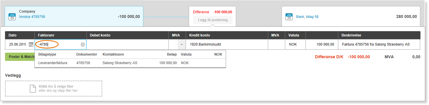 Fakturamottak 4785756: Debet konto-felt med dropdown, differanse -100 000 NOK, kreditor Salong Strawberry