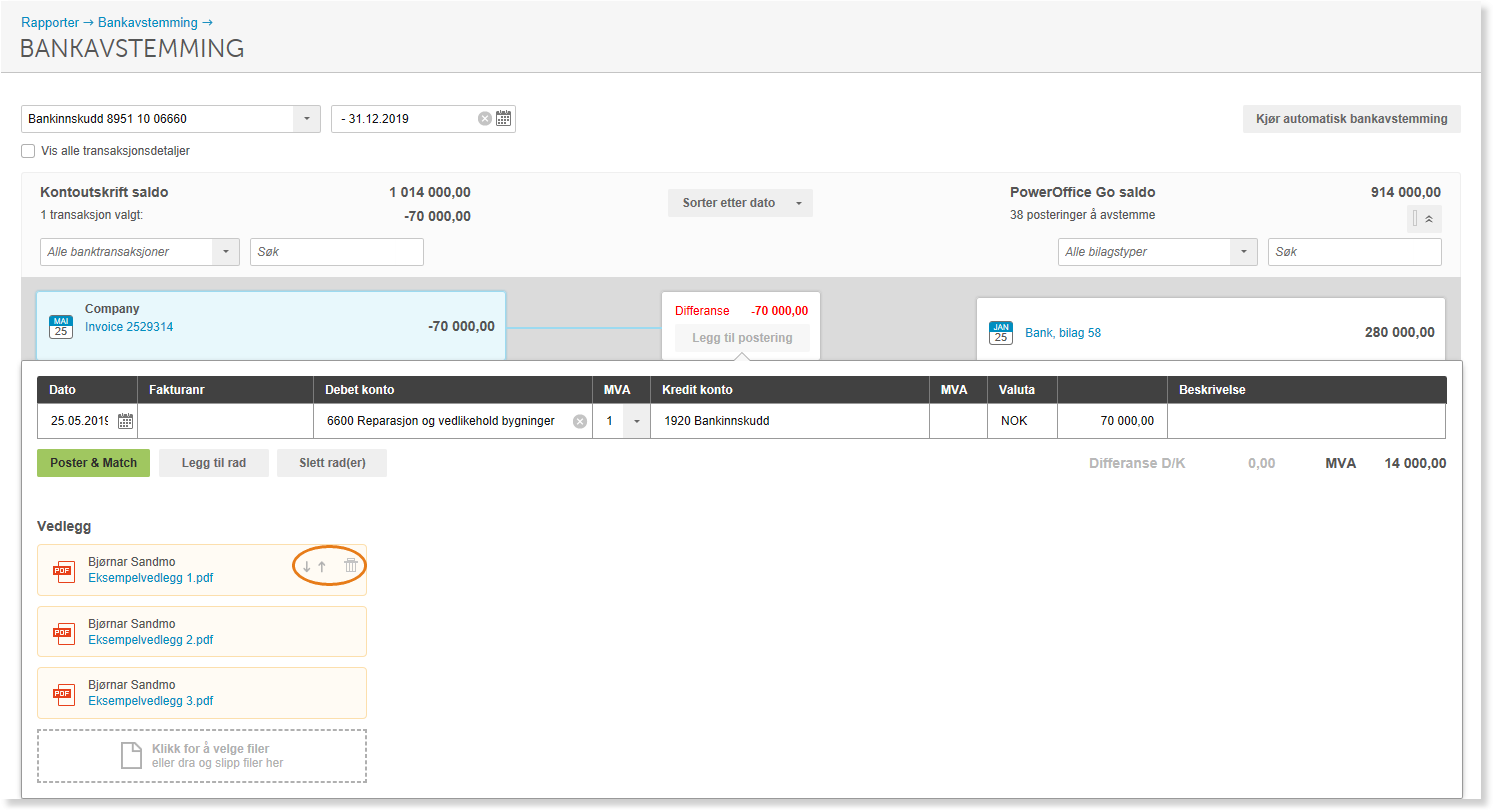 Bankavstemming: konto 8951 10 06660, differanse -70 000,00 NOK, én transaksjonspost, tre vedlegg
