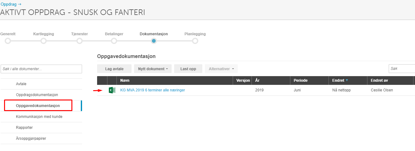 Oppgavedokumentasjon-fanen med MVA-dokument 2019 fra juni, status «Nå nettopp», opprettet av Casilie Olsen