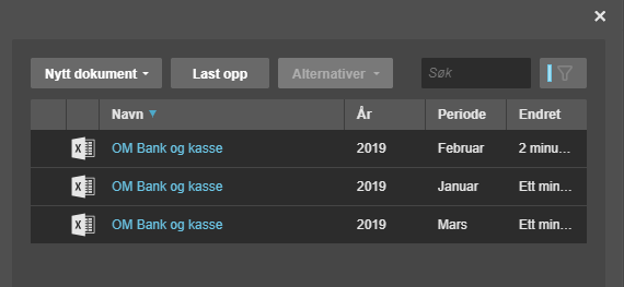 Dokumenthistorikk: tre versjoner av OM Bank og kasse fra 2019 med perioder og endringstidspunkt