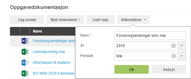 Ny dokument-dialogboks: Navn «Forsikringsendringer lønn mai», År 2019, Periode Mai