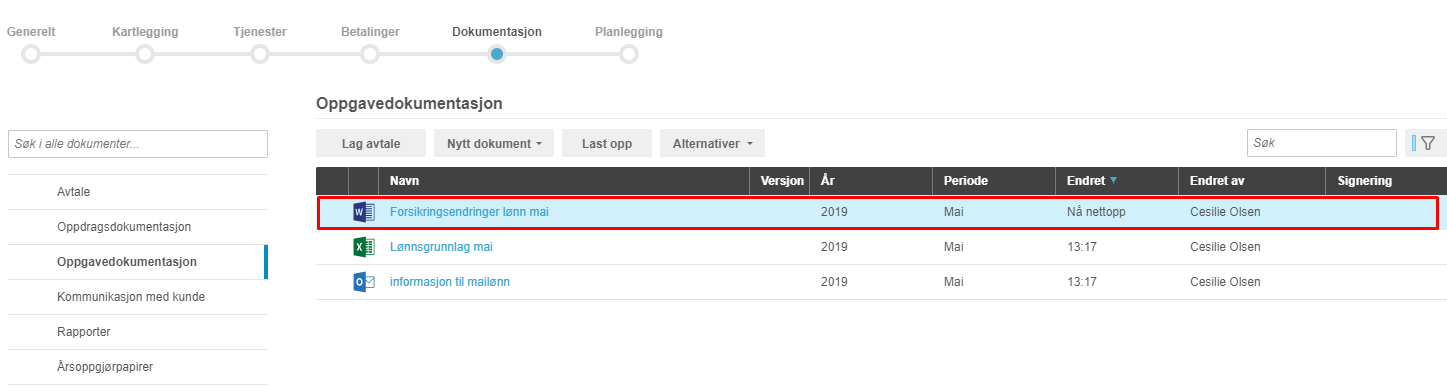 Oppgavedokumentasjon: Forsikringsendringer lønn mai markert, Lønnsgrunnlag mai, Informasjon mailenn – mai 2019