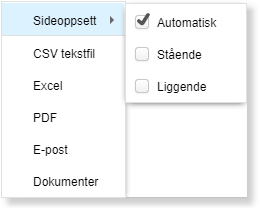 Eksportformat-valg med CSV, Excel, PDF, E-post, Dokumenter og Automatisk-fane aktivert